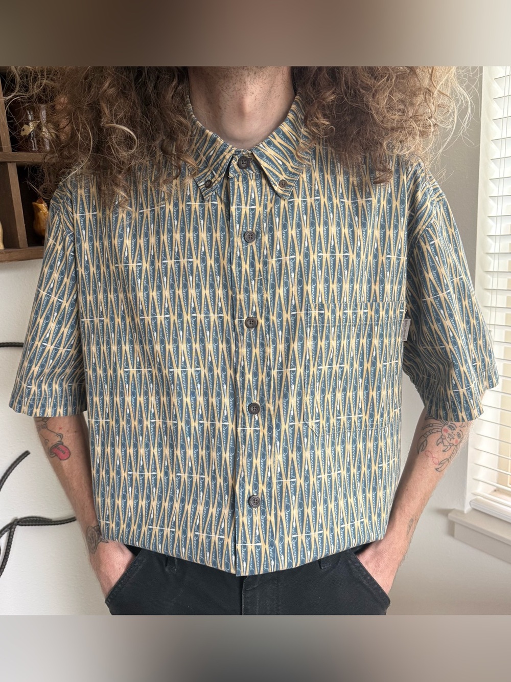 Vintage Y2K Woolrich Abstract Geometric Canoe & Paddle SS Shirt~ Size Large